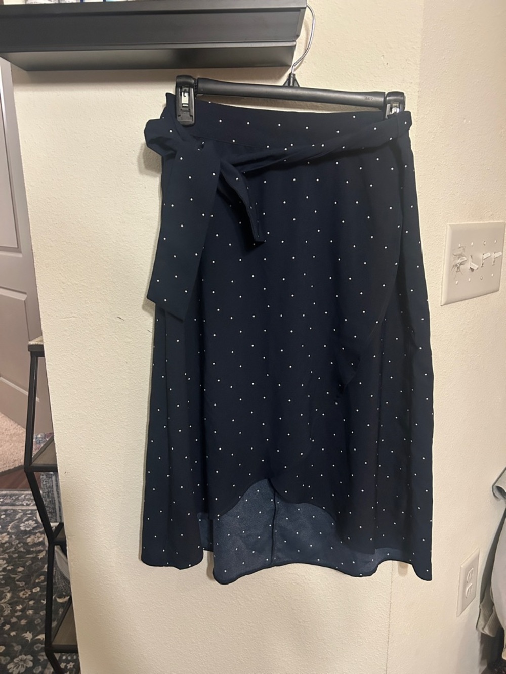 Polka Dot Navy Wrap Midi Skirt with Self Tie